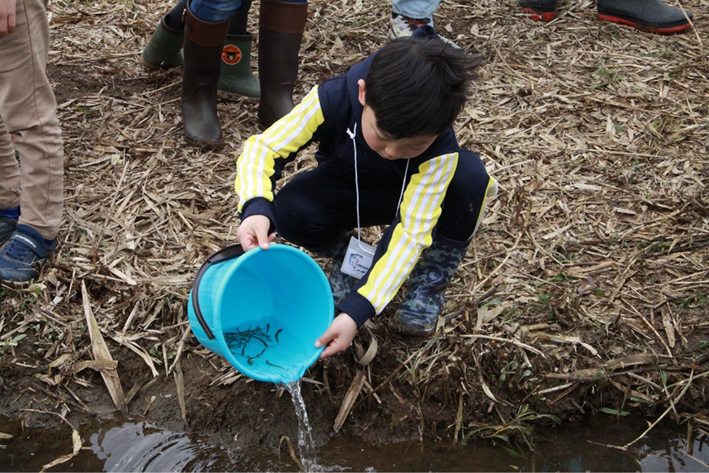川岸のギリギリで子ども達が、そっと優しく川へ放流