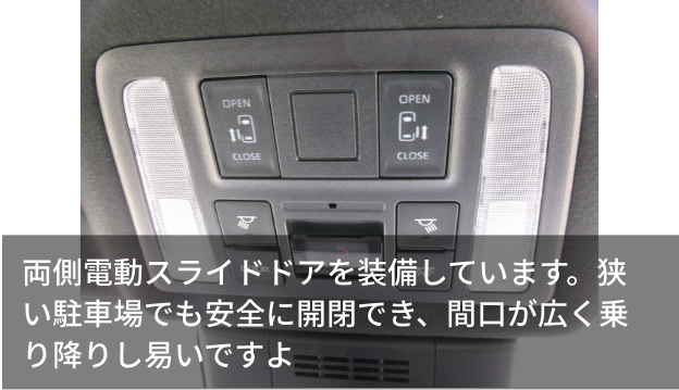 両側電動スライドドアを装備しています。狭い駐車場でも安全に開閉でき、間口が広く乗り降りし易いですよ