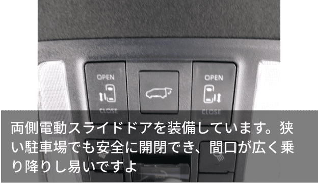 両側電動スライドドアを装備しています。狭い駐車場でも安全に開閉でき、間口が広く乗り降りし易いですよ