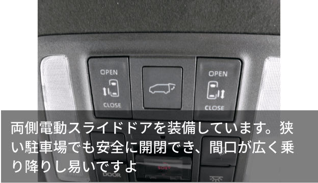 両側電動スライドドアを装備しています。狭い駐車場でも安全に開閉でき、間口が広く乗り降りし易いですよ
