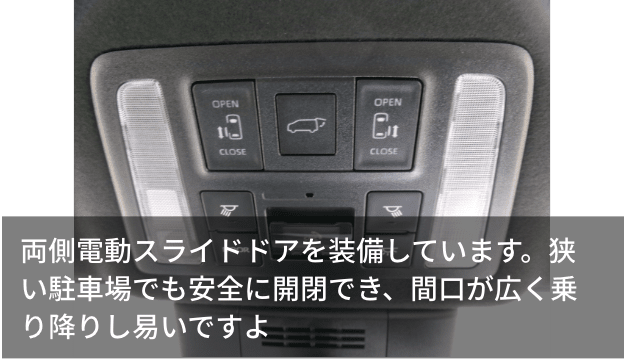 両側電動スライドドアを装備しています。狭い駐車場でも安全に開閉でき、間口が広く乗り降りし易いですよ