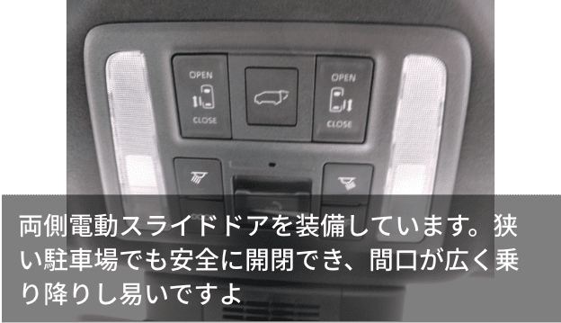 両側電動スライドドアを装備しています。狭い駐車場でも安全に開閉でき、間口が広く乗り降りし易いですよ
