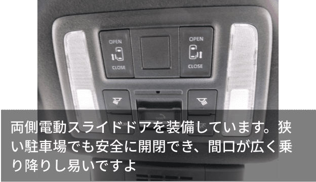 両側電動スライドドアを装備しています。狭い駐車場でも安全に開閉でき、間口が広く乗り降りし易いですよ