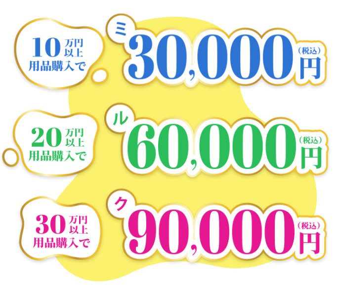 10万円以上用品購入で30,000円(税込)20万円以上用品購入で60,000円(税込)30万円以上用品購入で90,000円(税込)